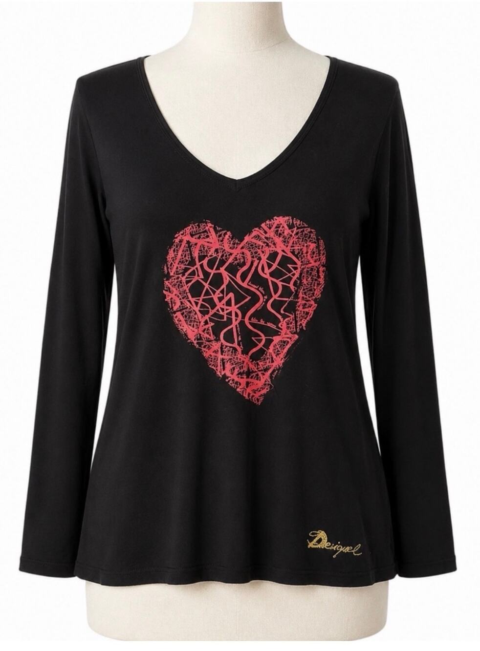 Desigual Heart Graphic Long Sleeve Tee Women's XL Black Artsy Boho Cotton Spain